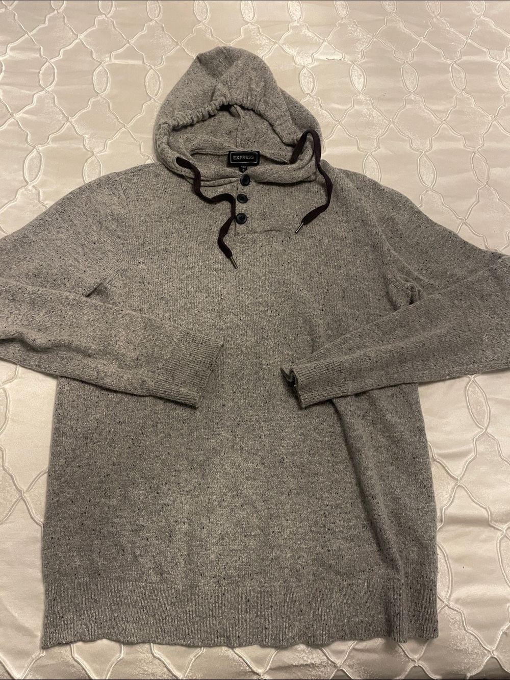 Express Men’s Gray Hooded Pullover Sweater with Button-Neck